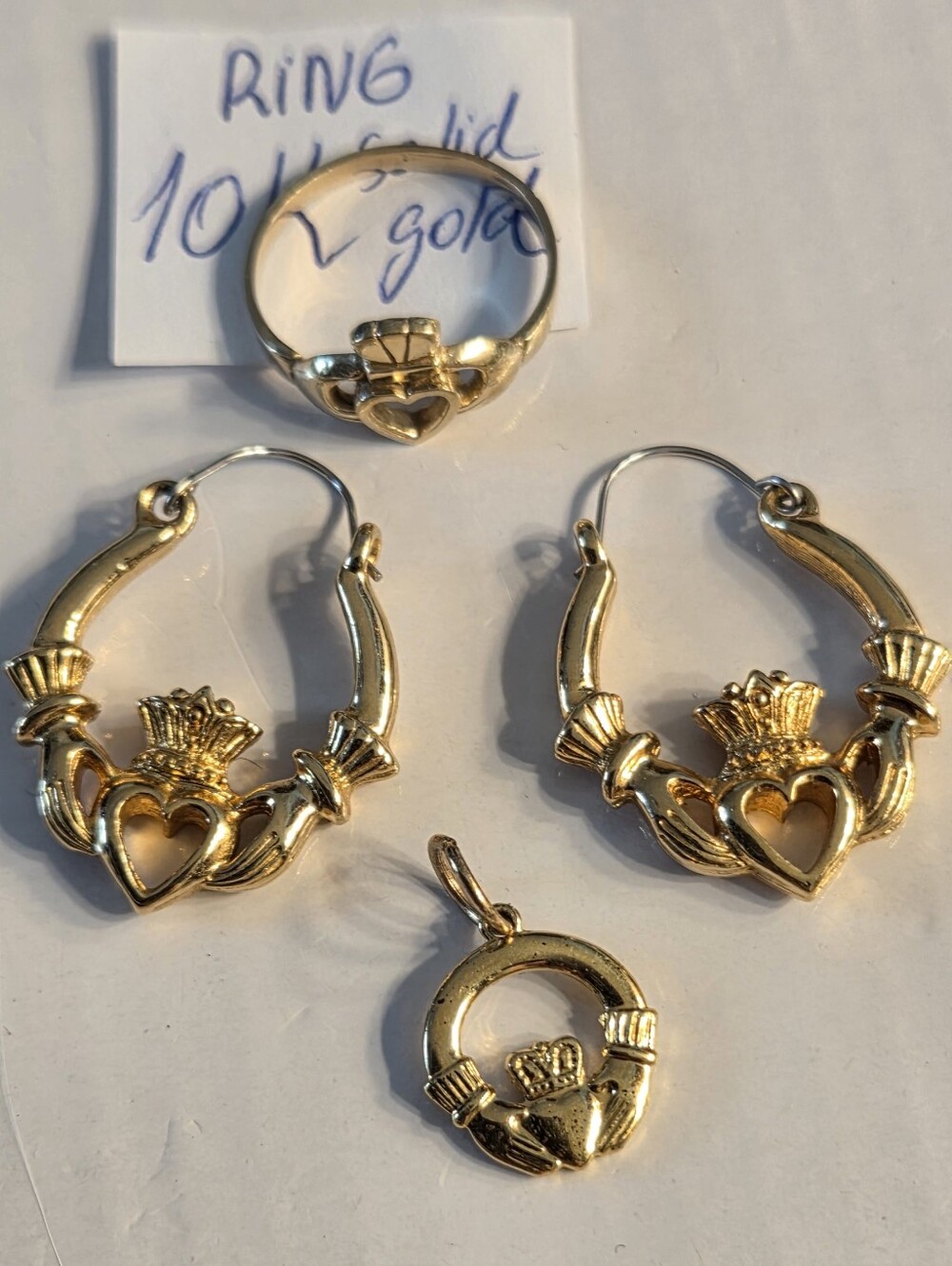 10K  Solid Gold Claddagh Ring and Hoop Earrings Set - Gold And Pendant